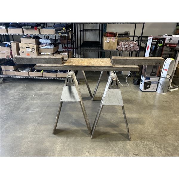 2 WOODEN SAWHORSES AND 2X4 CUTTING JIG