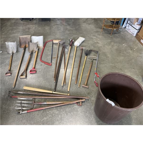 BIN OF ASSORTED YARD TOOLS