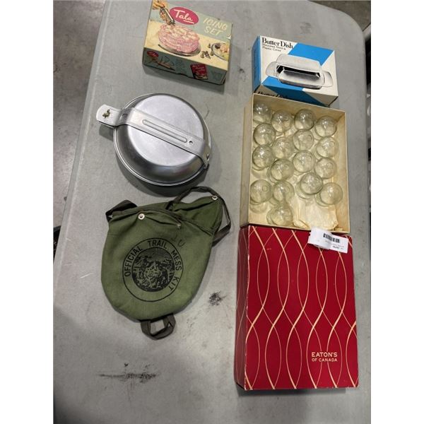 VINTAGE ICING KIT, BUTTER DISH, CANTEEN, AND EASTON GLASS BULBS