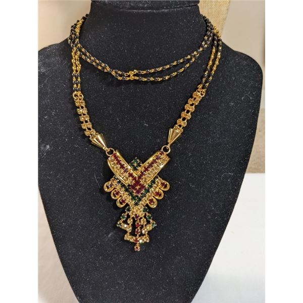18K GOLD PLATED NECKLACE W/ VARIOUS COLOUR OF RHINESTONES AND BLACK BEADS