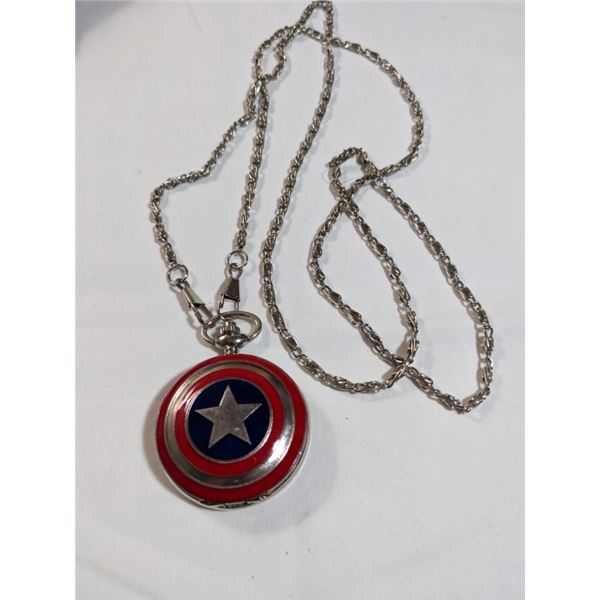 CAPTAIN AMERICA LIDDED POCKET WTCH, QUARTZ, DOUBLE LENGTH CHAIN, BATTERY REQUIRED
