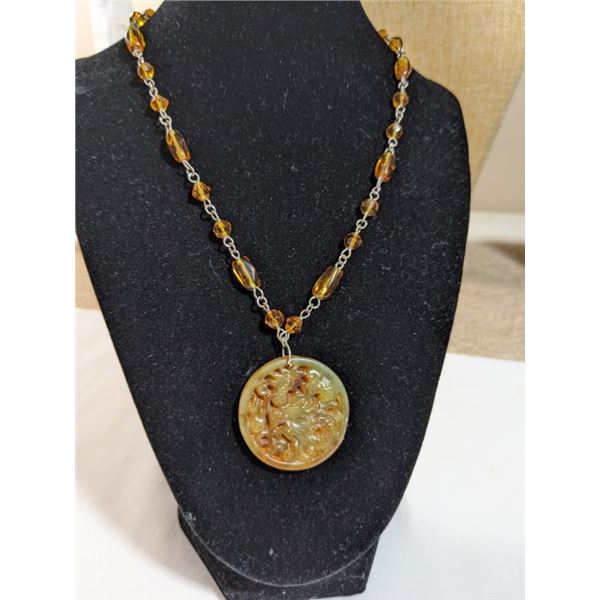 CARVED BROWN STONE PENDANT W/ SILVER LINK GLASS BEADS CHAIN NECKLACE