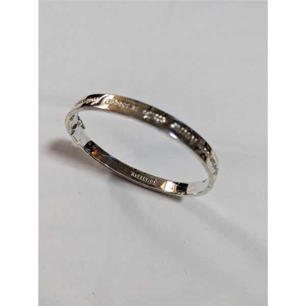 HINGED SILVER GRATEFUL BANGLE W/ SAFETY LOCK, ENGRAVED BLESSED IN DIFFERENT LANGUAGES, MARKED STELLA