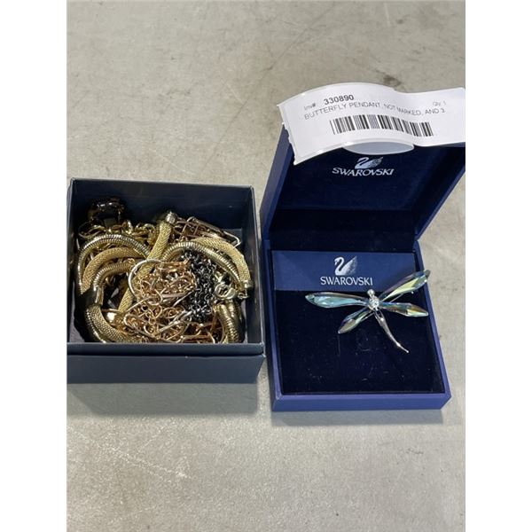 BUTTERFLY PENDANT, NOT MARKED, AND 3 ESTATE GOLD TONE NECLACES