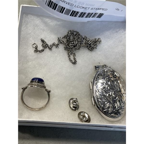 925 RING, CARVED LCOKET STAMPED "STER", UNTESTED, AND SILVER TONE EARRINGS AND NECLACE