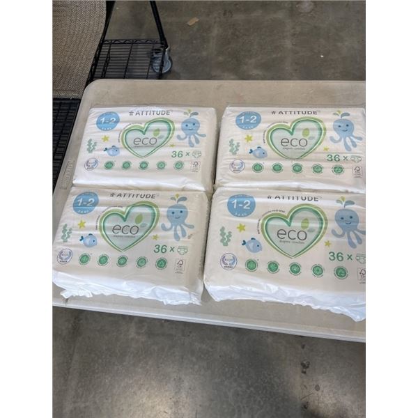 4 PACKS ATTITUDE ECO BABY DIAPERS. 36 DIAPERS PER PACK. 6-13LB. SIZE 1-2