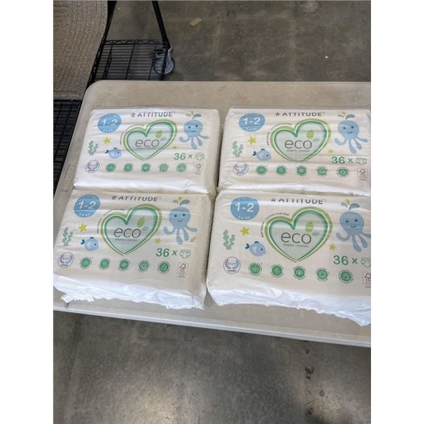 4 PACKS ATTITUDE ECO BABY DIAPERS. 36 DIAPERS PER PACK. 6-13LB. SIZE 1-2
