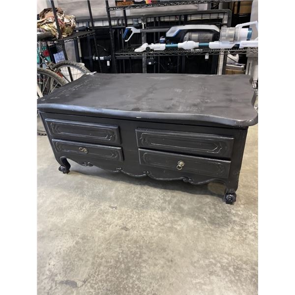 LARGE COFFE TABLE WITH TOP OPENING STORAGE TRUNK WITH 2 DRAWERS. 52" WIDE