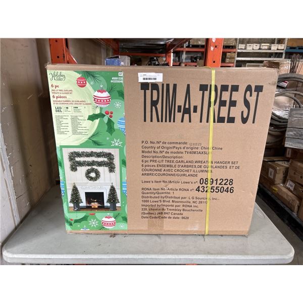 NEW PRE LIT 6PC CHRISMTAS TREE'S, GARLAND, WREATH AND HANGAR SET