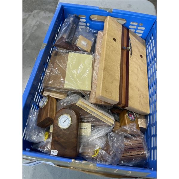 HUGE LOT OF HANDCRAFTED WOOD ITEMS INCLUDING CLOCKS, POST IT NOTE HOLDERS, DESK ITEMS AND MORE