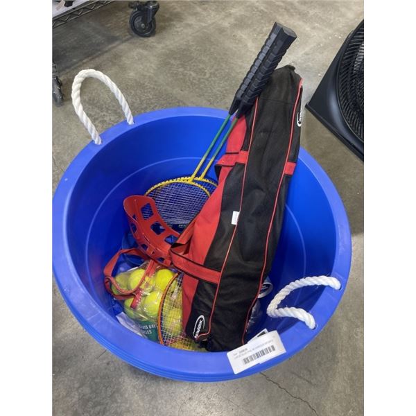 LARGE BLUE PAIL W/ VARIOUS SPORTS EQUIPTMENT