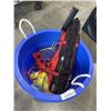 Image 1 : LARGE BLUE PAIL W/ VARIOUS SPORTS EQUIPTMENT