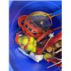 Image 3 : LARGE BLUE PAIL W/ VARIOUS SPORTS EQUIPTMENT
