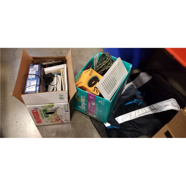 SCALE, SECURITY CAMERAS, DVD'S, BOOKS, GAMES, CAR MATTS AND HOUSEHOLD MISC. 2 BOX LOT