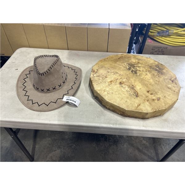 INDIAN DRUM AND LIGHT GRAY COWBOY HAT