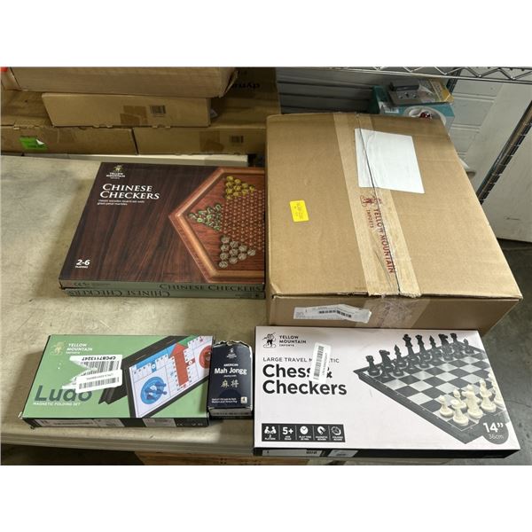 YELLOW MOUNTAIN CHINESE MAHJONG SET IN SOFT CASE AND 2 CHINESE CHECKERS SETS AND LARGE TRAVEL CHESS 