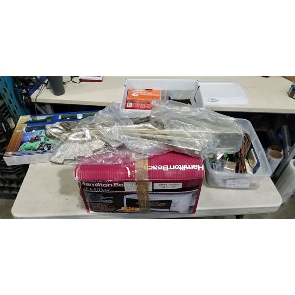 TOTE AND BOX OF ASORTE DHOUSEHOLKD AND HARDWARE, TAPE ETC