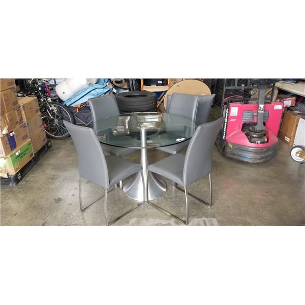 ROUND GLASS TOP MODERN DINING TABLE AND 4 LEATHER CHAIRS