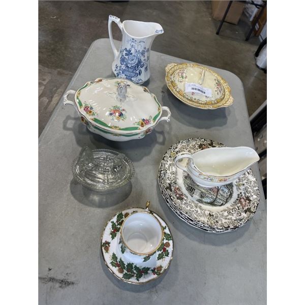 ASSORTED ANTIQUE CHINA INLCUDING STAFFORDHSIRE AND JOHNSDON BROS TOUREENS, PLATES, GRAVY BOAT ETC