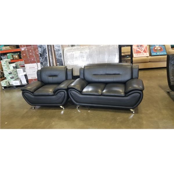 MODERN BLACK LOVESEAT AND CHAIR WITH CHROME LEGS, IN GOOD CONDITION