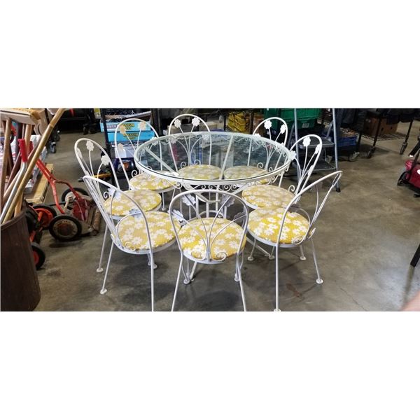 GLASS TOP PATIO TABLE W/ 8 CHAIRS