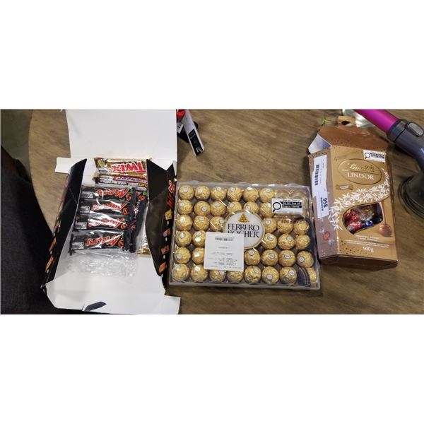 3 PACKS OF CHOCOLATES - FERROR ROCHE, LINDOR, AND ASSORTED CHOCOLATE BARS
