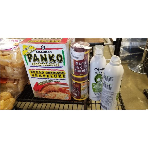 BOX OF PANKO BREAD CRUMBS, 2 BOTTLES AVOCADO OIL SPRAY, AND 2PK BAKING POWDER