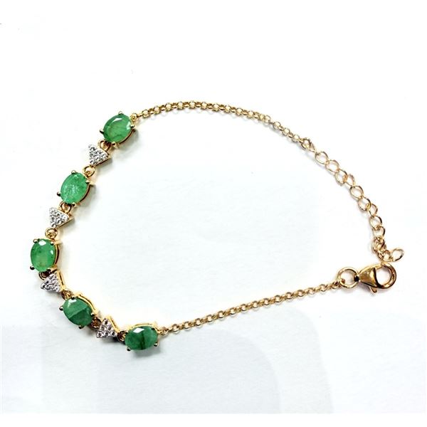 GOLD PLATED STERLING SILVER NATURAL EMERALD WITH CZ BRACELET, W/A $1350.00. EMERALD IS THE BIRTHSTON