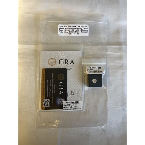 NEW 3.0CT MOISSANITE GEMSTONE, ROUND BRILLIANT CUT, GH-VVS1, GRA REPORT, TESTS POSITIVE W/ DIAMOND T