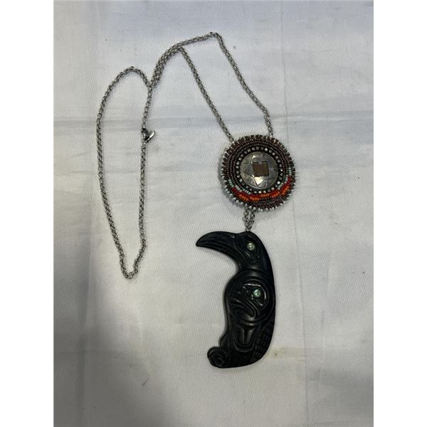 HAND CARVED 3" NATIVE PENDANT  ON 925 ITALY STERLING SILVER CHAIN