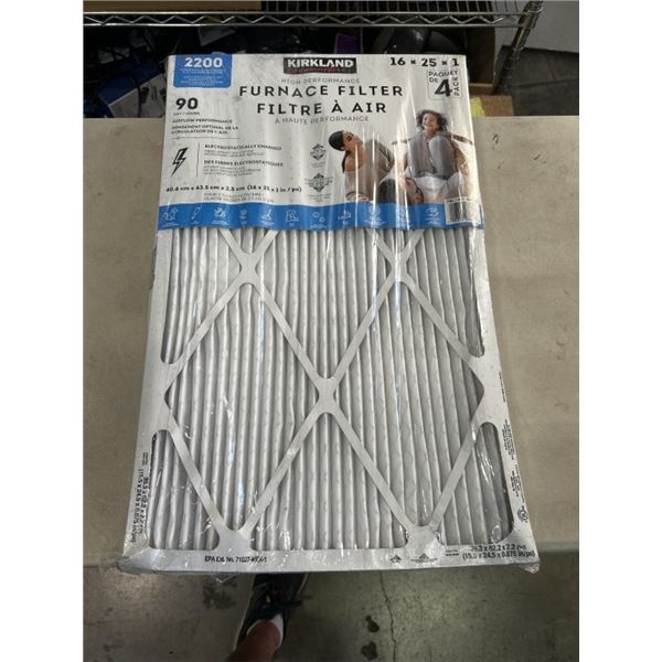 KIRKLAND 4 PACK FURNACE FILTERS. 16" X 25" X 1"
