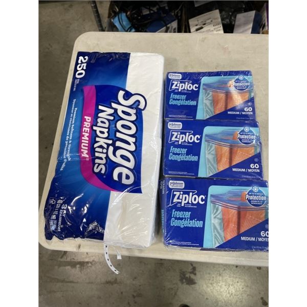 SPONGE 250 NAPKINS AND 3 PACK ZIPLOC MEDIUM SIZE FREEZER BAGS