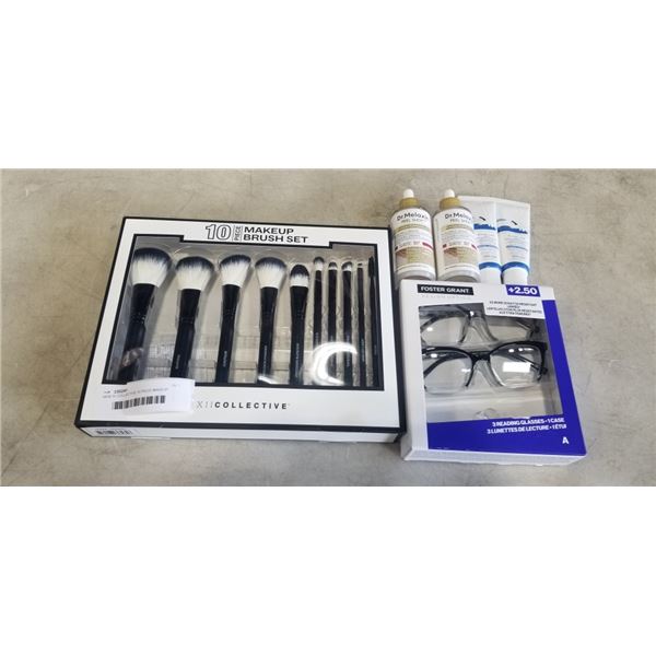 NEW XI COLLECTIVE 10 PIECE MAKEUP BRUSH SET, 2 ROUND LAB MOISTURIZING SUNSCREEN TUBES, 2 BOTTLES DR 