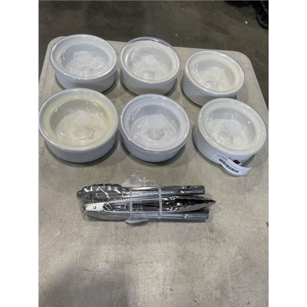 6 OVEN TO TABLE KITCHENWARE WITH TO GO LIDS AND PACK OF TONGS