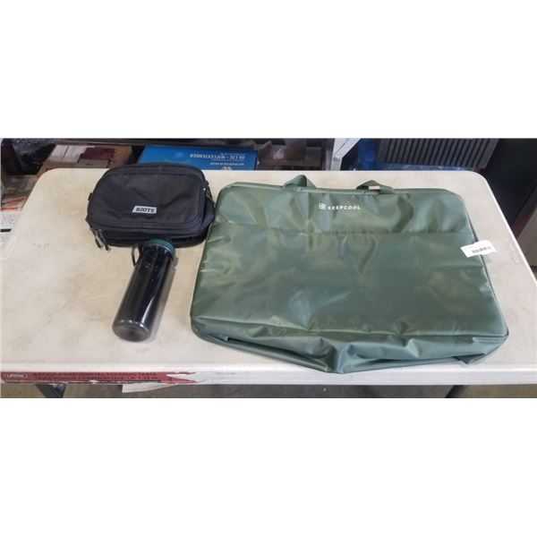 KEEPCOOL ZIP UP BAG, ROOTS LUNCH BAG AND THERMOFLASK PLASTIC WATER BOTTLE