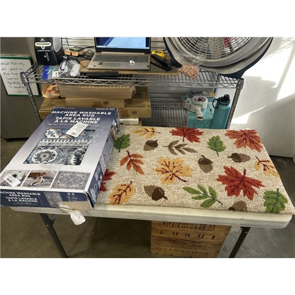 NEW MACHINE WASHABLE AREA RUG, 72" X 108", AND FOAM UNDERFOOT HOOKED ACCENT RUG