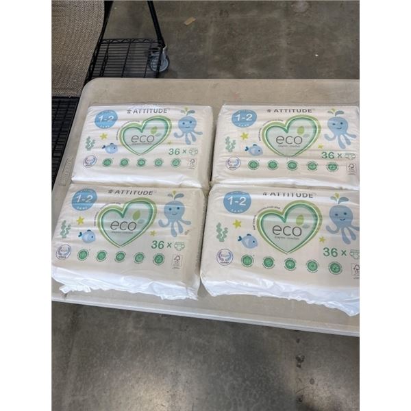 4 PACKS ATTITUDE ECO BABY DIAPERS. 36 DIAPERS PER PACK. 6-13LB. SIZE 1-2