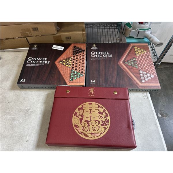 YELLOW MOUNTAIN CHINESE MAHJONG SET IN SOFT CASE AND 2 CHINESE CHECKERS SETS