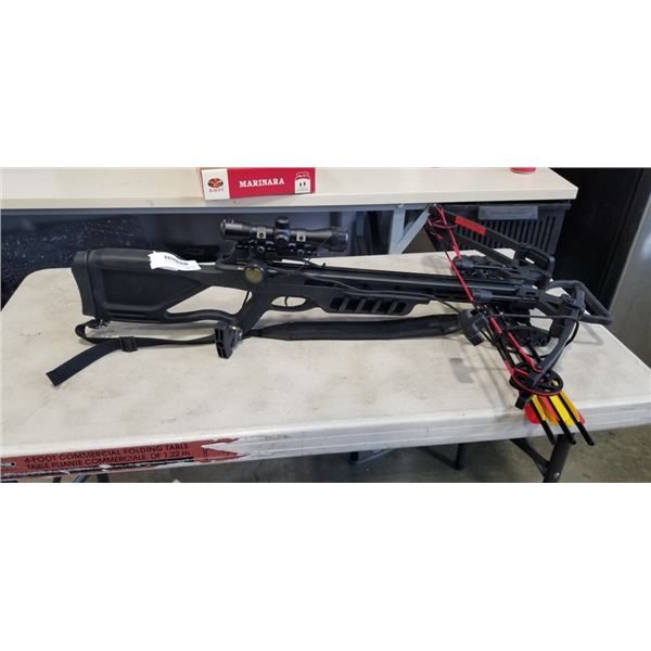 MAN KUNG TACTICAL CROSSBOW WITH MOUNTED OPTIC SCOPE AND 3 CROSSBOW BOLTS