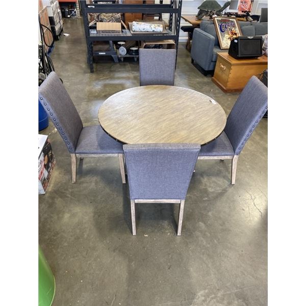 AS NEW ROUND DINING TABLE W/ 4 GREY UPHOLSTERED CHAIRS