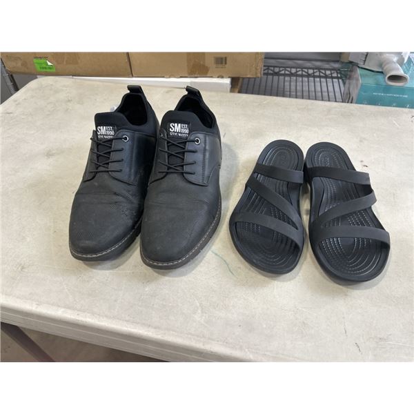 STEVE MADDEN BLACK MENS SHOES, SIZE 11 US, AND BLACK CROCS SIZE US 10