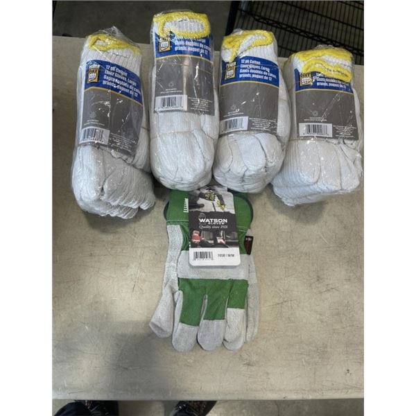 4 NEW PACKS POWER FIST (12 PAIRS PER PACK) LARGE COTTON LINER GLOVES, AND NEW MEDIUM WATSON GLOVES