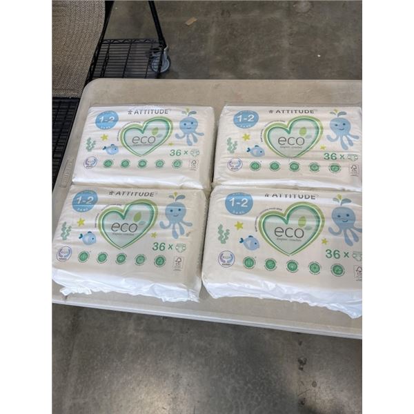 4 PACKS ATTITUDE ECO BABY DIAPERS. 36 DIAPERS PER PACK. 6-13LB. SIZE 1-2