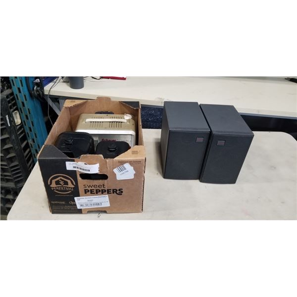 BATTERY CHARGER, PAIR OF OUTDOOR SPEAKERS, AND PAIR OF NAKAMICHI BOOKSHELF SPEAKERS.