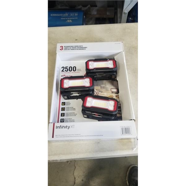 NEW 3 INFINITY X1 RECHARGABLE WORKLIGHTS. 2500 LUMENS