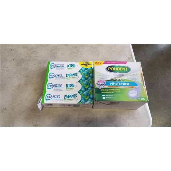 4 PACK SENSODYNE PRONAMEL KIDS GENTLE MINT TOOTHPASTE AND POLIDENT WHITENING TABLETS