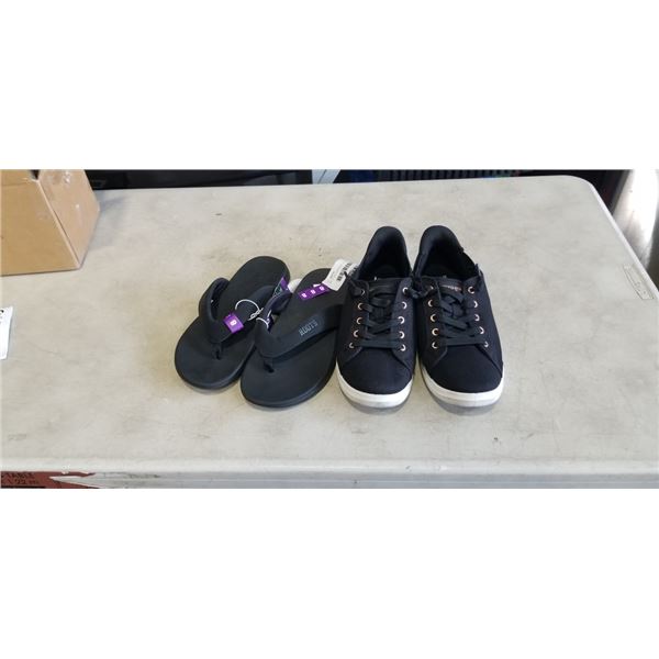 PAIR OF SKECHERS SWIFT FIT LADIES SHOES, SIZE 8, AND PAIR OF NEW ROOTS LADIES SANDLES. SIZE 8
