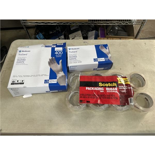 8 ROLLS SCOTCH SHIPPING TAPE AND 2 BOXES LARGE NITRILE GLOVES