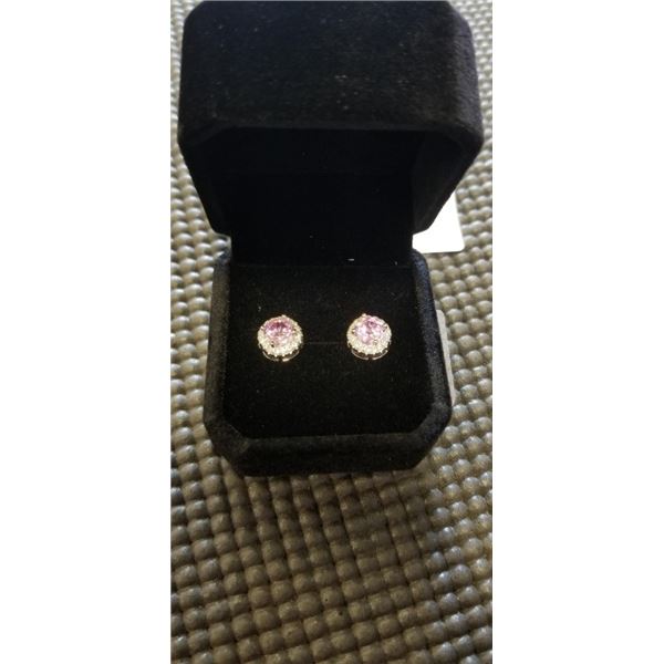 NEW S925 1.0CT EACH LAB-CREATED PINK SAPPHIRE HALO STUD EARRIGS, MOUNTED IN 925 STERLING SILVER W/ W
