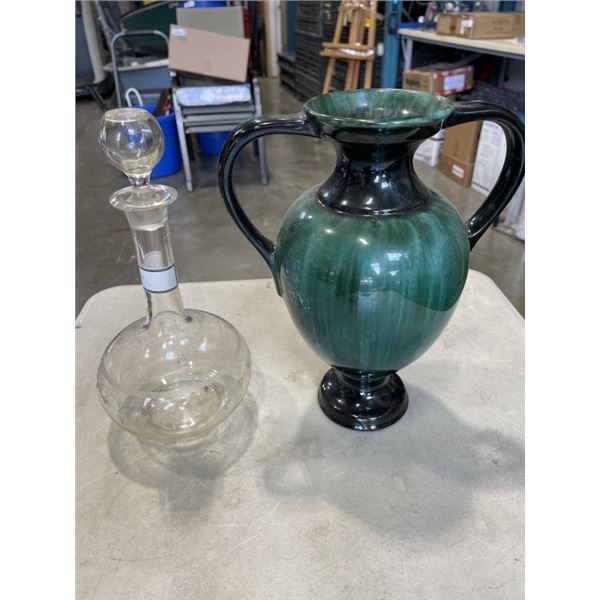 BLUEMOUNTAIN POTTERY JUG AND GLASS DECANTER